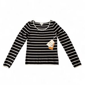 Cyrus Striped Knit Top Black Cream Long Sleeve Fitted Sweater M NWT